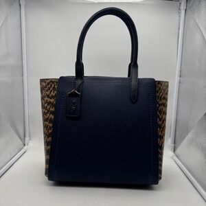 Coach Troupe Navy Blue and Leopard‎ Print Leather Tote Bag Handbag Satchel Purse